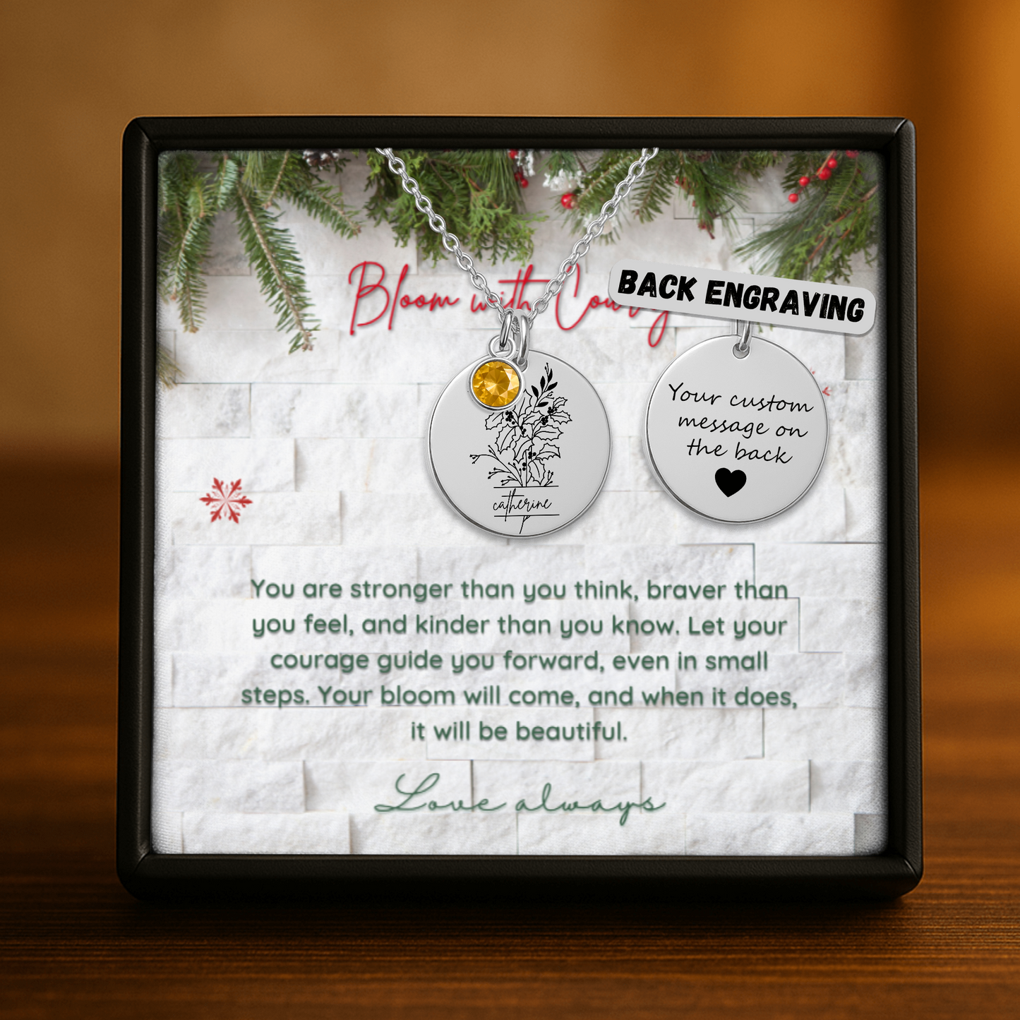 Personalized Name Engraved Floral Coin Necklace with Birthstone Holly & Berries Flower Message Card | Hunting Birthday Christmas Gift Ideas