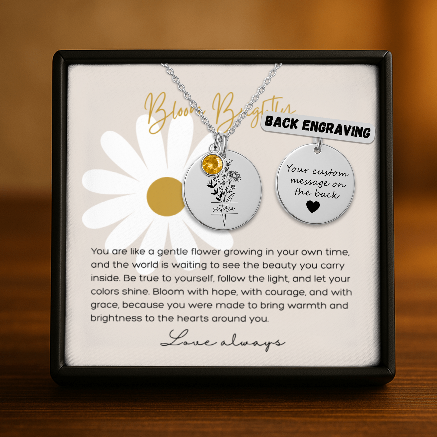 Personalized Name Engraved Floral Coin Necklace with Birthstone Daisy Flower Message Card | Hunting Birthday Christmas Gift Ideas