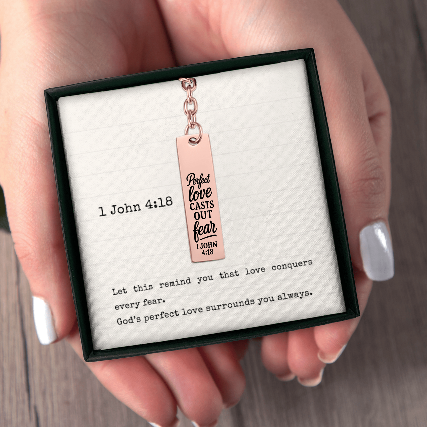 1 John 4:18 Perfect Love Casts Out Fear Engraved Vertical Bar Keychain | Bible Verse Christian Faith Religious Inspirational Gift Ideas