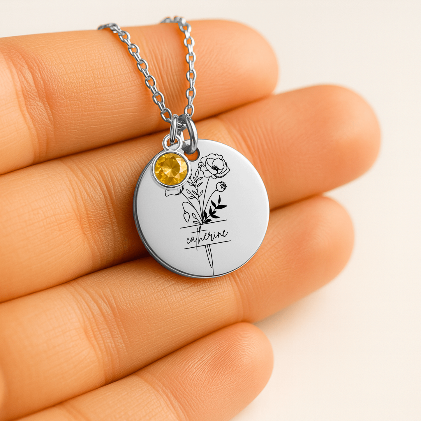 Personalized Name Engraved Floral Coin Necklace with Birthstone Poppy Flower Message Card | Hunting Birthday Christmas Gift Ideas