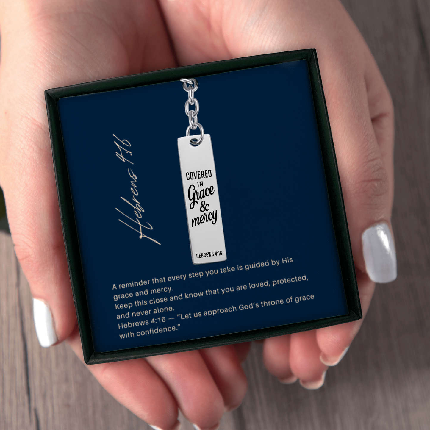 Covered in Grace and Mercy Keychain Engraved Vertical Bar Keychain | Hebrews 4:16 Bible Verse Christian Faith Religious Inspirational Gift Ideas