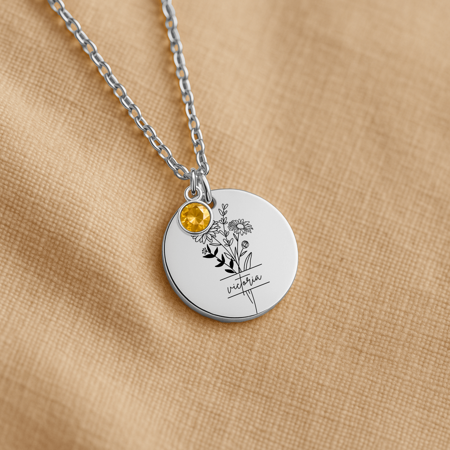 Personalized Name Engraved Floral Coin Necklace with Birthstone Daisy Flower Message Card | Hunting Birthday Christmas Gift Ideas