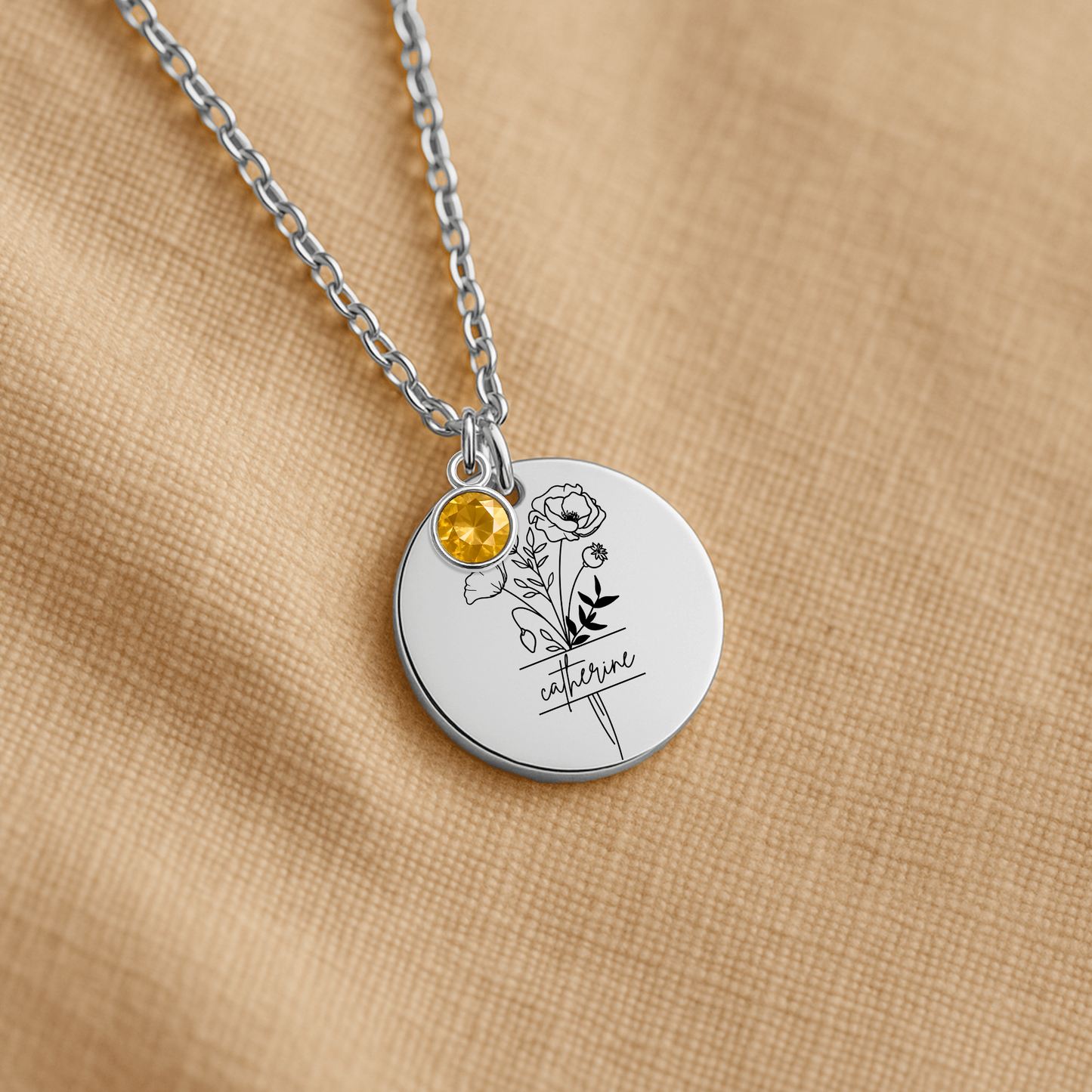 Personalized Name Engraved Floral Coin Necklace with Birthstone Poppy Flower Message Card | Hunting Birthday Christmas Gift Ideas