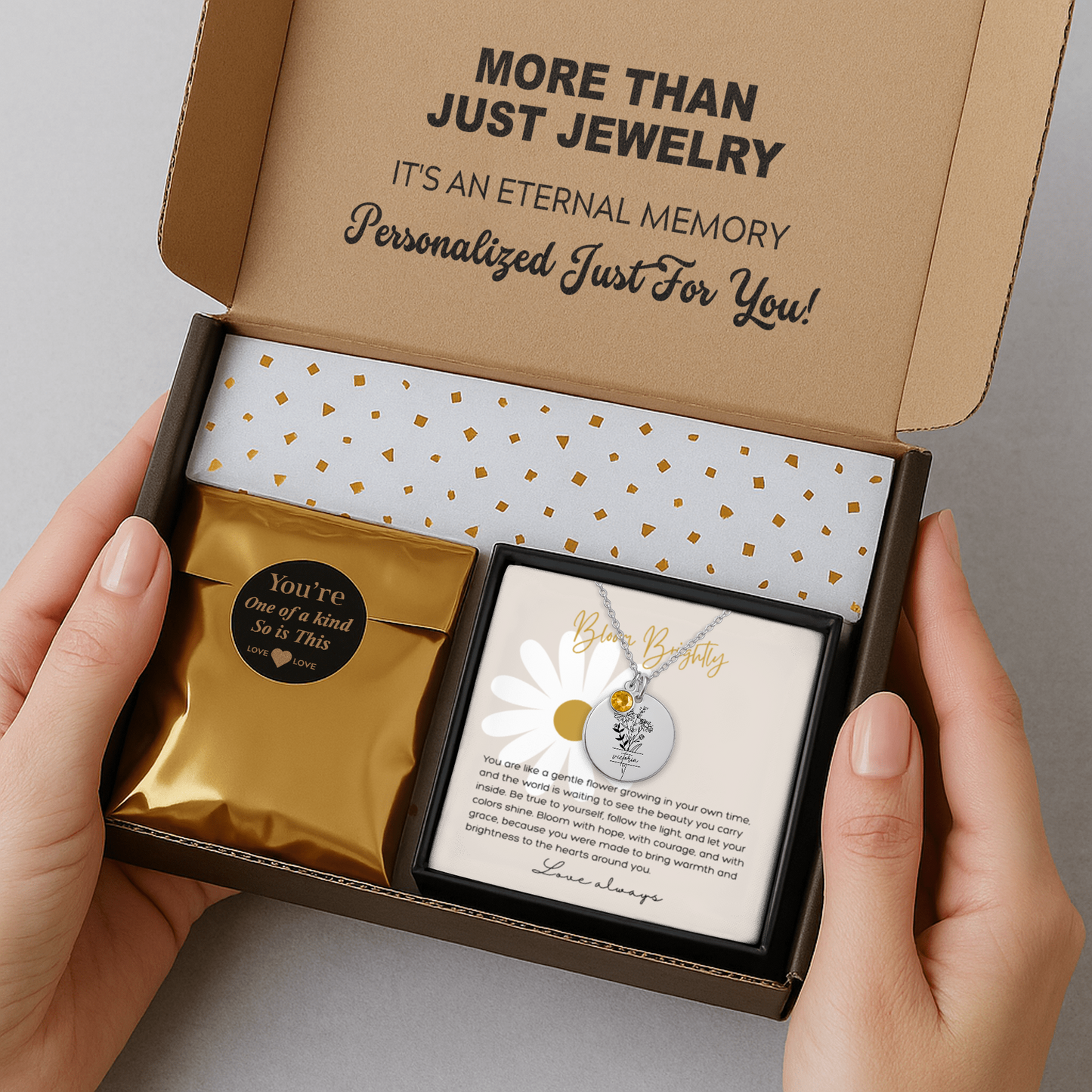 Personalized Name Engraved Floral Coin Necklace with Birthstone Daisy Flower Message Card | Hunting Birthday Christmas Gift Ideas