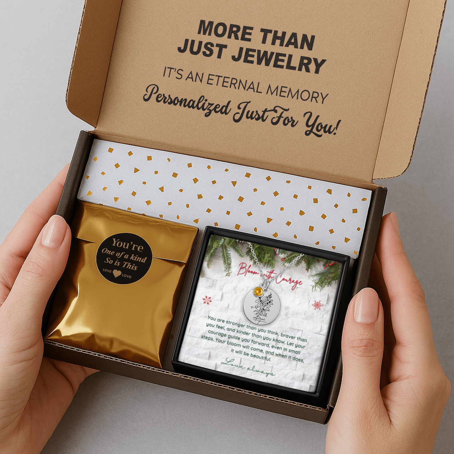 Personalized Name Engraved Floral Coin Necklace with Birthstone Holly & Berries Flower Message Card | Hunting Birthday Christmas Gift Ideas