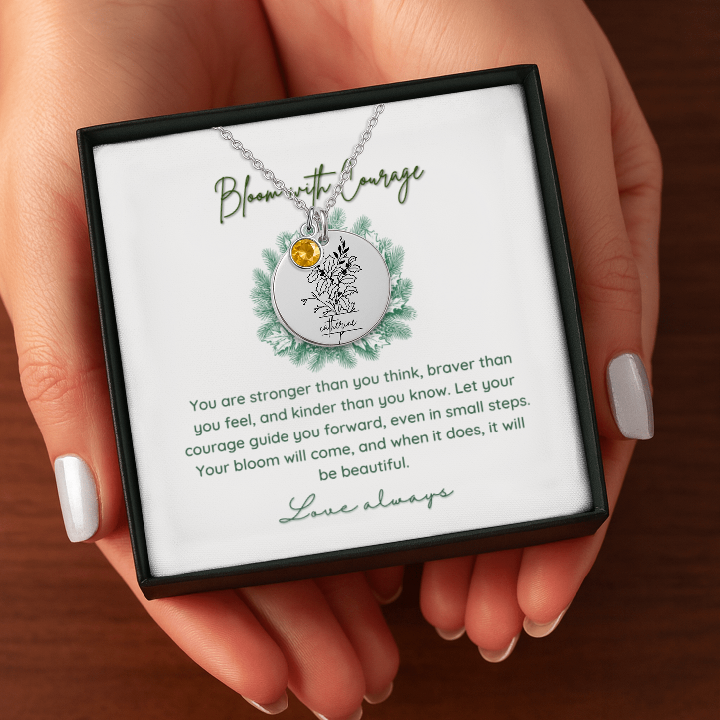 Personalized Name Engraved Floral Coin Necklace with Birthstone Holly & Berries Flower Message Card | Hunting Birthday Christmas Gift Ideas