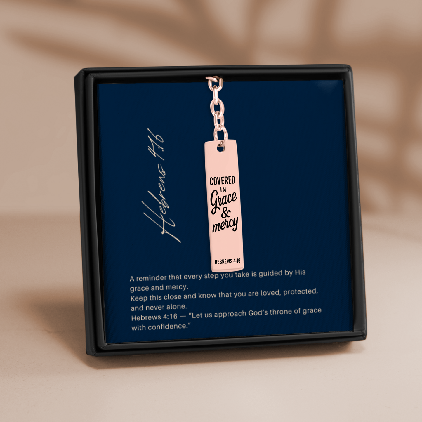 Covered in Grace and Mercy Keychain Engraved Vertical Bar Keychain | Hebrews 4:16 Bible Verse Christian Faith Religious Inspirational Gift Ideas