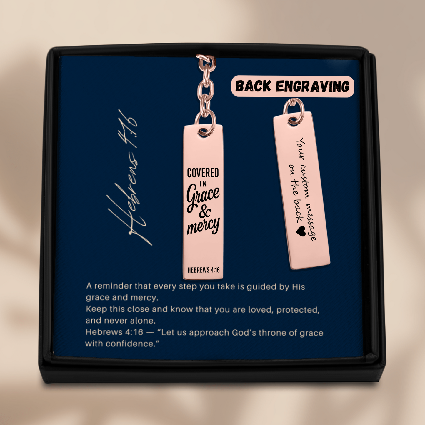 Covered in Grace and Mercy Keychain Engraved Vertical Bar Keychain | Hebrews 4:16 Bible Verse Christian Faith Religious Inspirational Gift Ideas