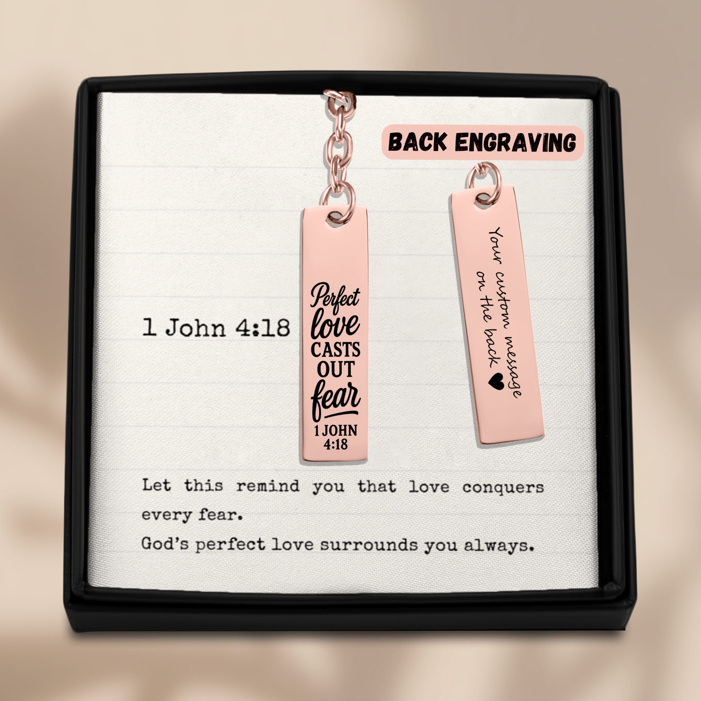 1 John 4:18 Perfect Love Casts Out Fear Engraved Vertical Bar Keychain | Bible Verse Christian Faith Religious Inspirational Gift Ideas