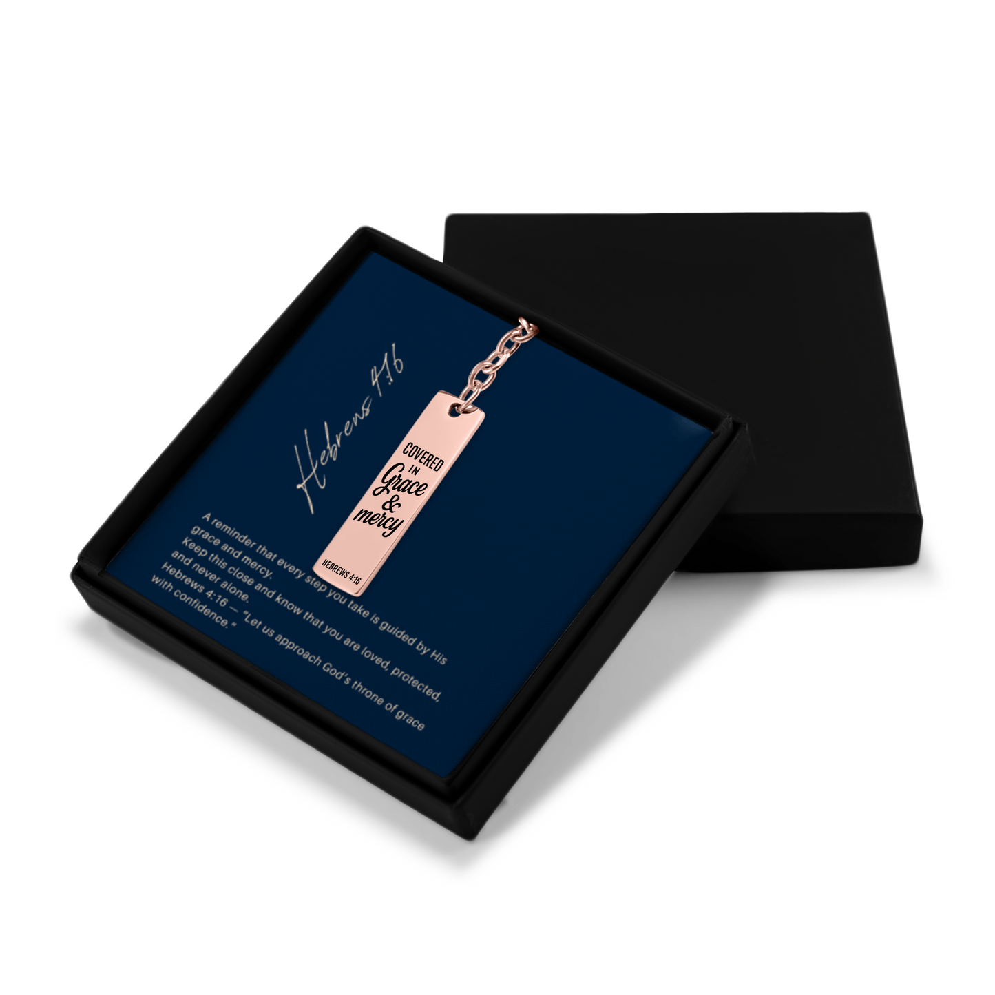 Covered in Grace and Mercy Keychain Engraved Vertical Bar Keychain | Hebrews 4:16 Bible Verse Christian Faith Religious Inspirational Gift Ideas