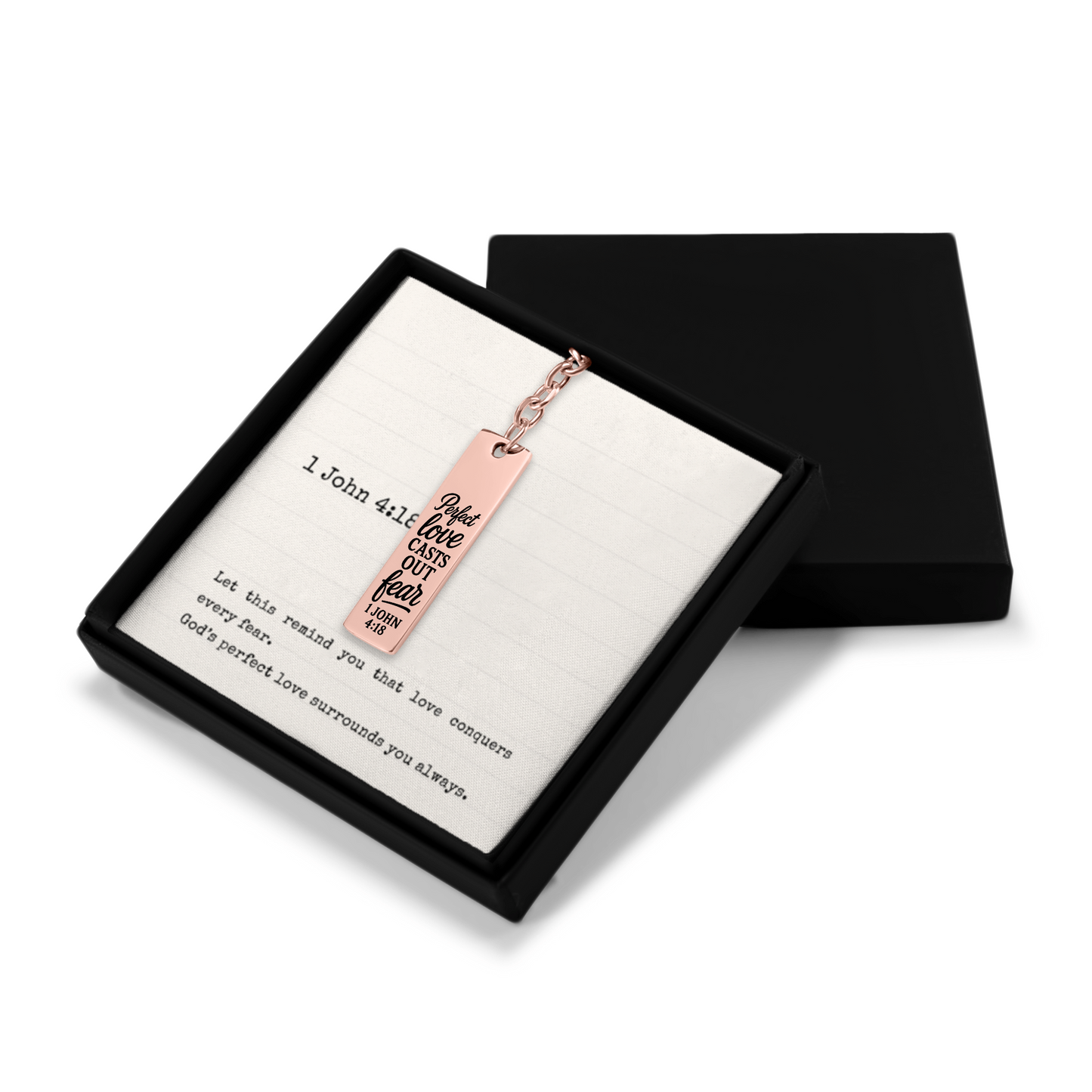 1 John 4:18 Perfect Love Casts Out Fear Engraved Vertical Bar Keychain | Bible Verse Christian Faith Religious Inspirational Gift Ideas