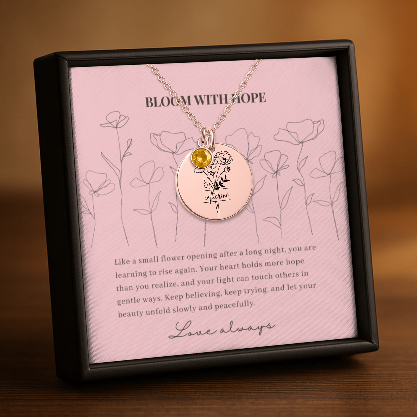 Personalized Name Engraved Floral Coin Necklace with Birthstone Poppy Flower Message Card | Hunting Birthday Christmas Gift Ideas