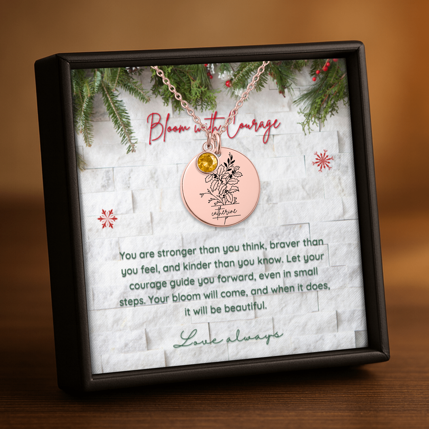 Personalized Name Engraved Floral Coin Necklace with Birthstone Holly & Berries Flower Message Card | Hunting Birthday Christmas Gift Ideas