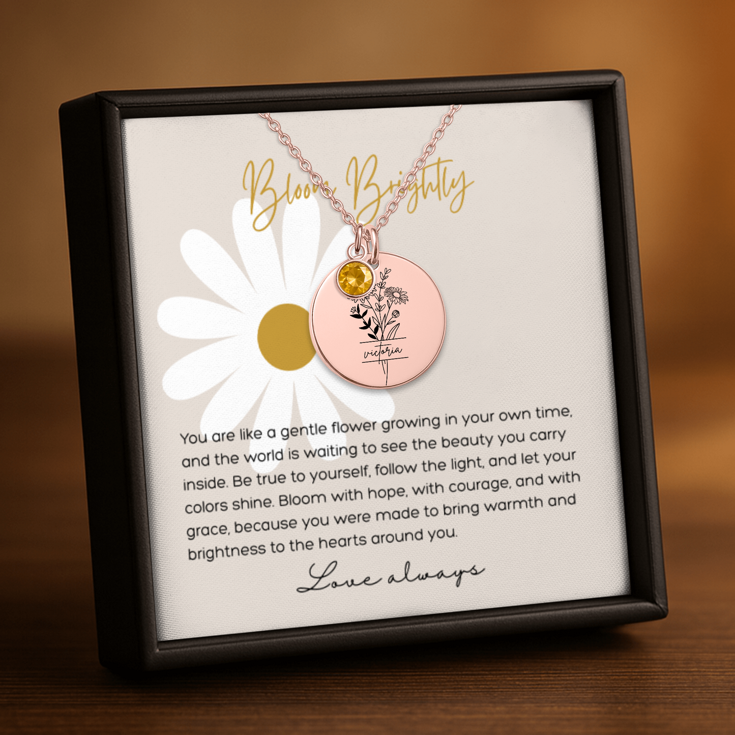 Personalized Name Engraved Floral Coin Necklace with Birthstone Daisy Flower Message Card | Hunting Birthday Christmas Gift Ideas